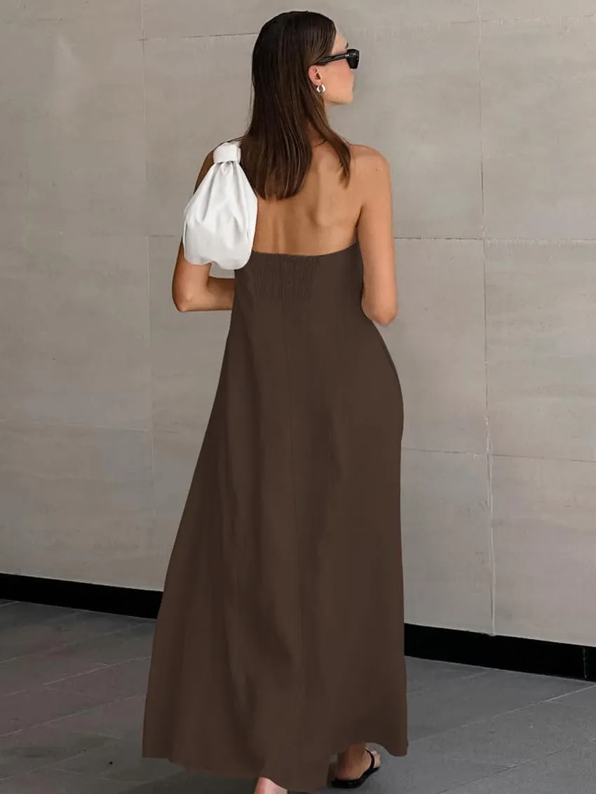 Aesthetic Dress Strapless Linen Maxi Dress Linen A-Line Strapless Dress for Vacation and Going Out Dress