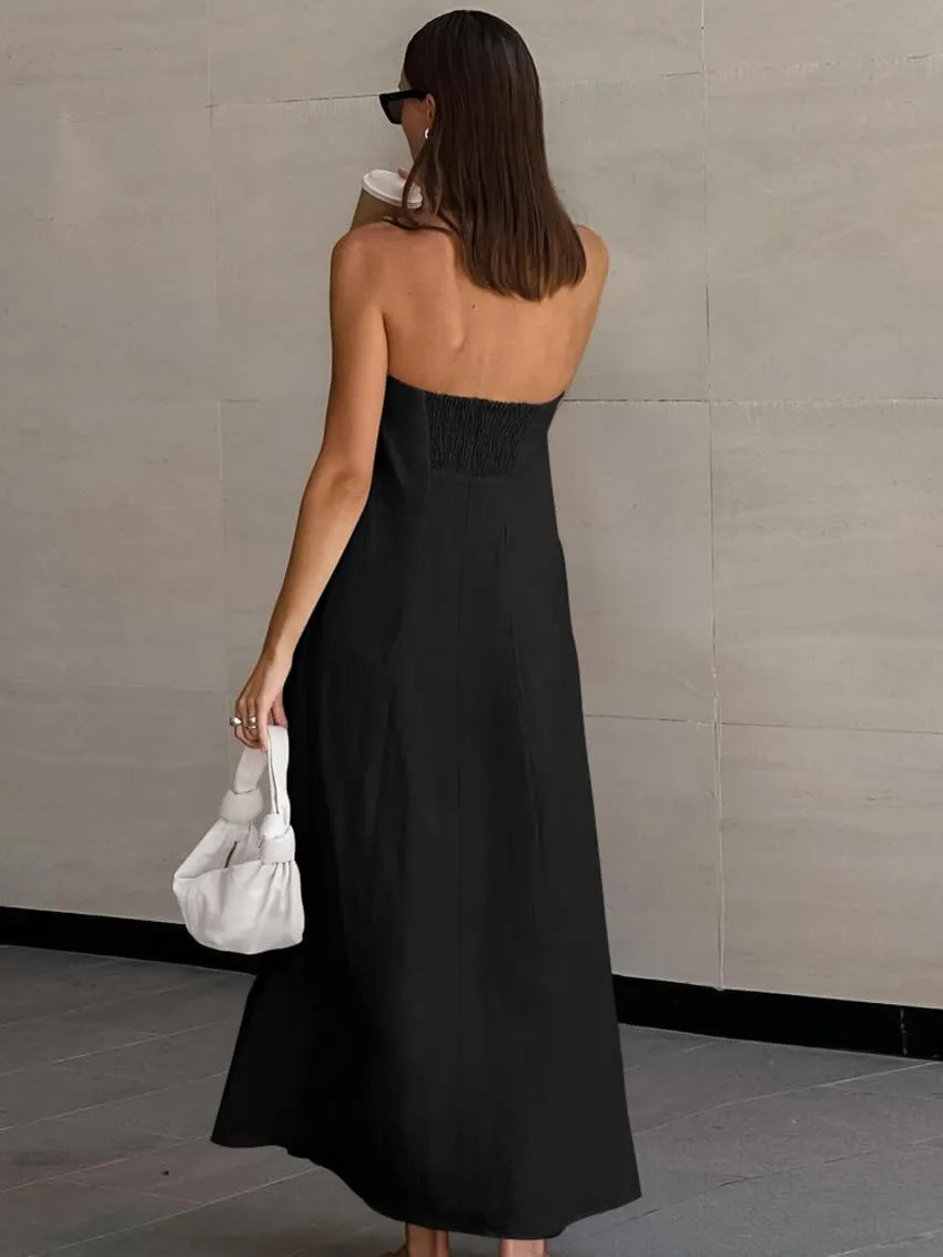 Aesthetic Dress Strapless Linen Maxi Dress Linen A-Line Strapless Dress for Vacation and Going Out Dress