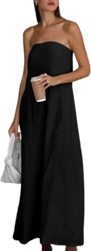 Aesthetic Dress Strapless Linen Maxi Dress Linen A-Line Strapless Dress for Vacation and Going Out Dress