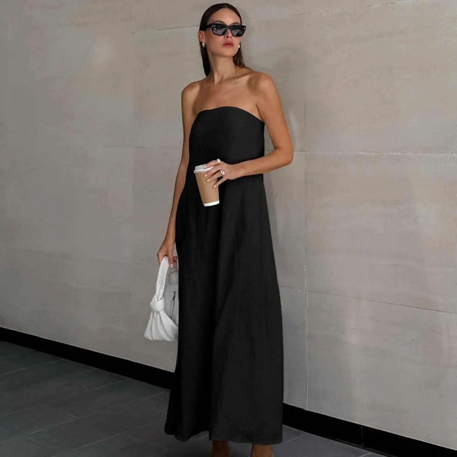 Aesthetic Dress Strapless Linen Maxi Dress Linen A-Line Strapless Dress for Vacation and Going Out Dress