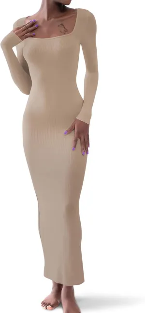 AIBIANOCEL Women's Square Neck Maxi Dress Long Sleeve Ribbed Bodycon Dress Soft Lounge Dress