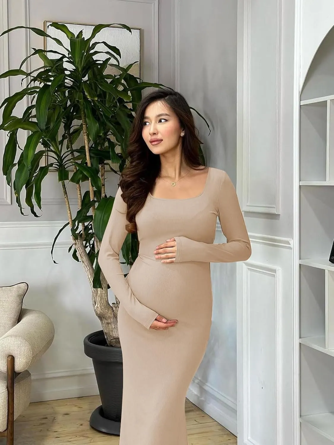 AIBIANOCEL Women's Square Neck Maxi Dress Long Sleeve Ribbed Bodycon Dress Soft Lounge Dress