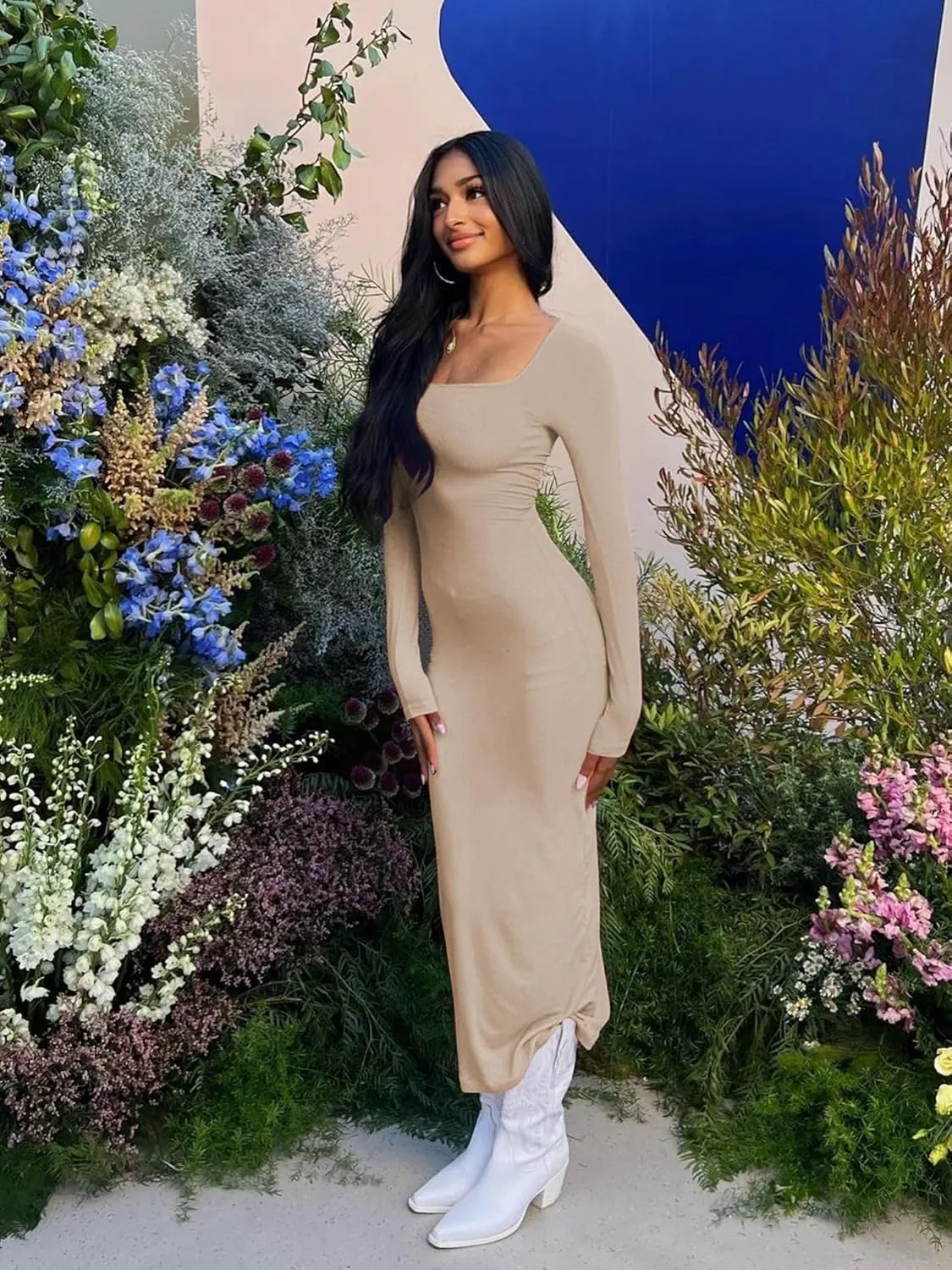 AIBIANOCEL Women's Square Neck Maxi Dress Long Sleeve Ribbed Bodycon Dress Soft Lounge Dress