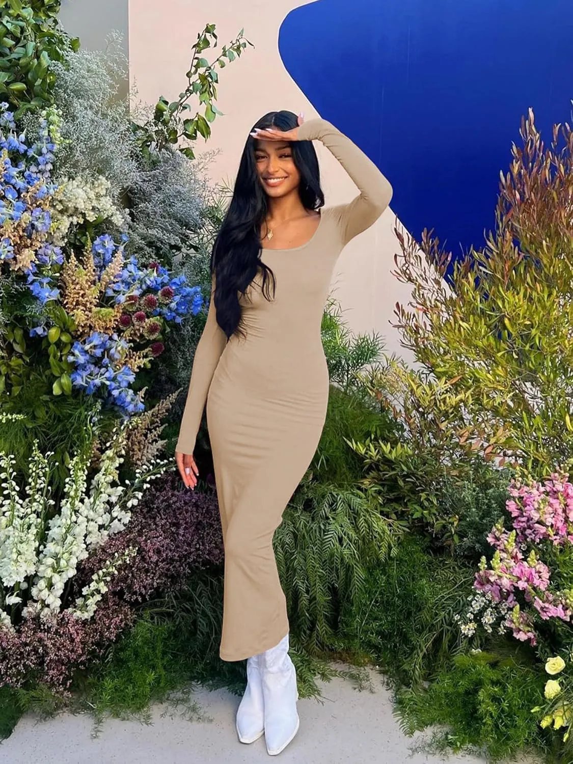 AIBIANOCEL Women's Square Neck Maxi Dress Long Sleeve Ribbed Bodycon Dress Soft Lounge Dress