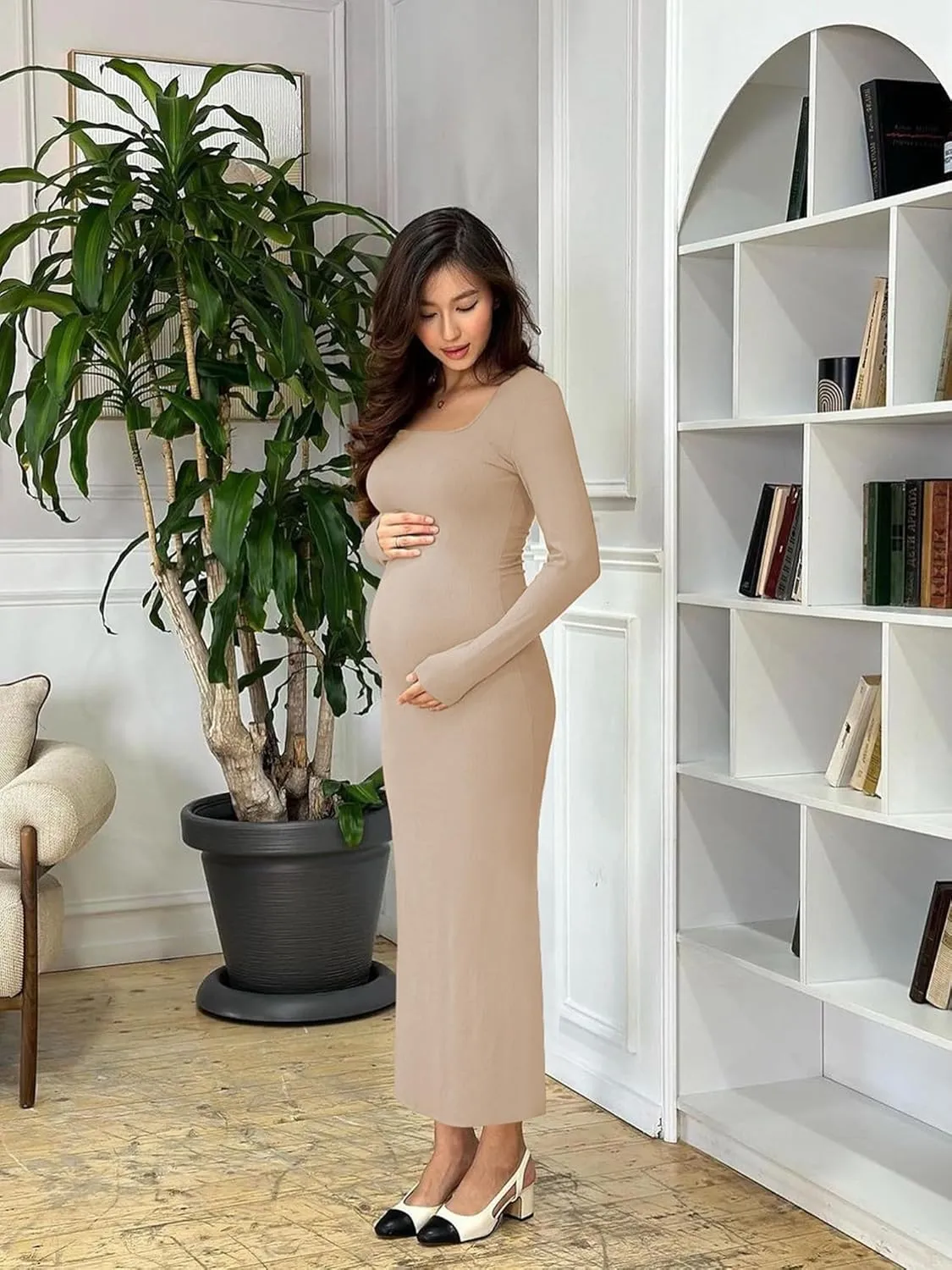 AIBIANOCEL Women's Square Neck Maxi Dress Long Sleeve Ribbed Bodycon Dress Soft Lounge Dress