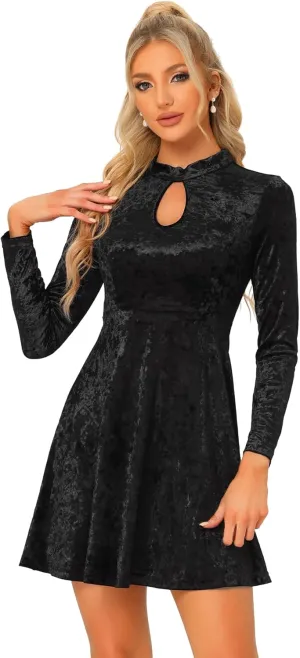 Allegra K Women's Keyhole Neck Dresses High Waist Long Sleeve Christmas Velvet Swing Mini Dress