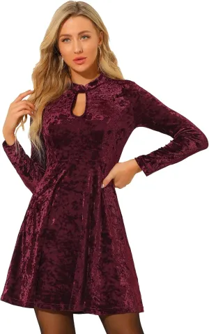 Allegra K Women's Keyhole Neck Dresses High Waist Long Sleeve Christmas Velvet Swing Mini Dress