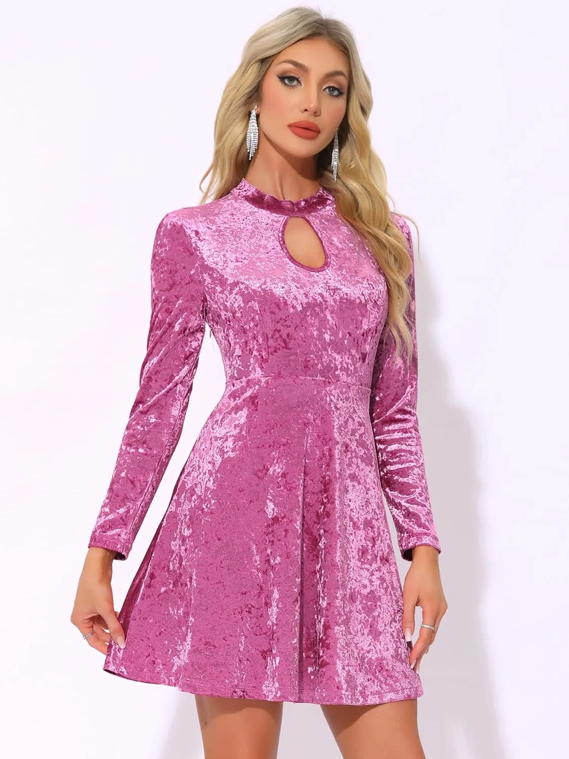 Allegra K Women's Keyhole Neck Dresses High Waist Long Sleeve Christmas Velvet Swing Mini Dress