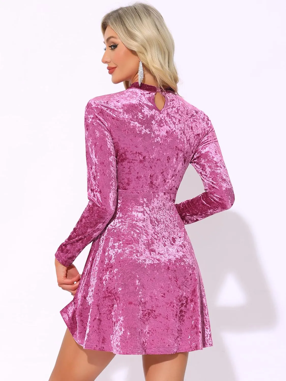 Allegra K Women's Keyhole Neck Dresses High Waist Long Sleeve Christmas Velvet Swing Mini Dress