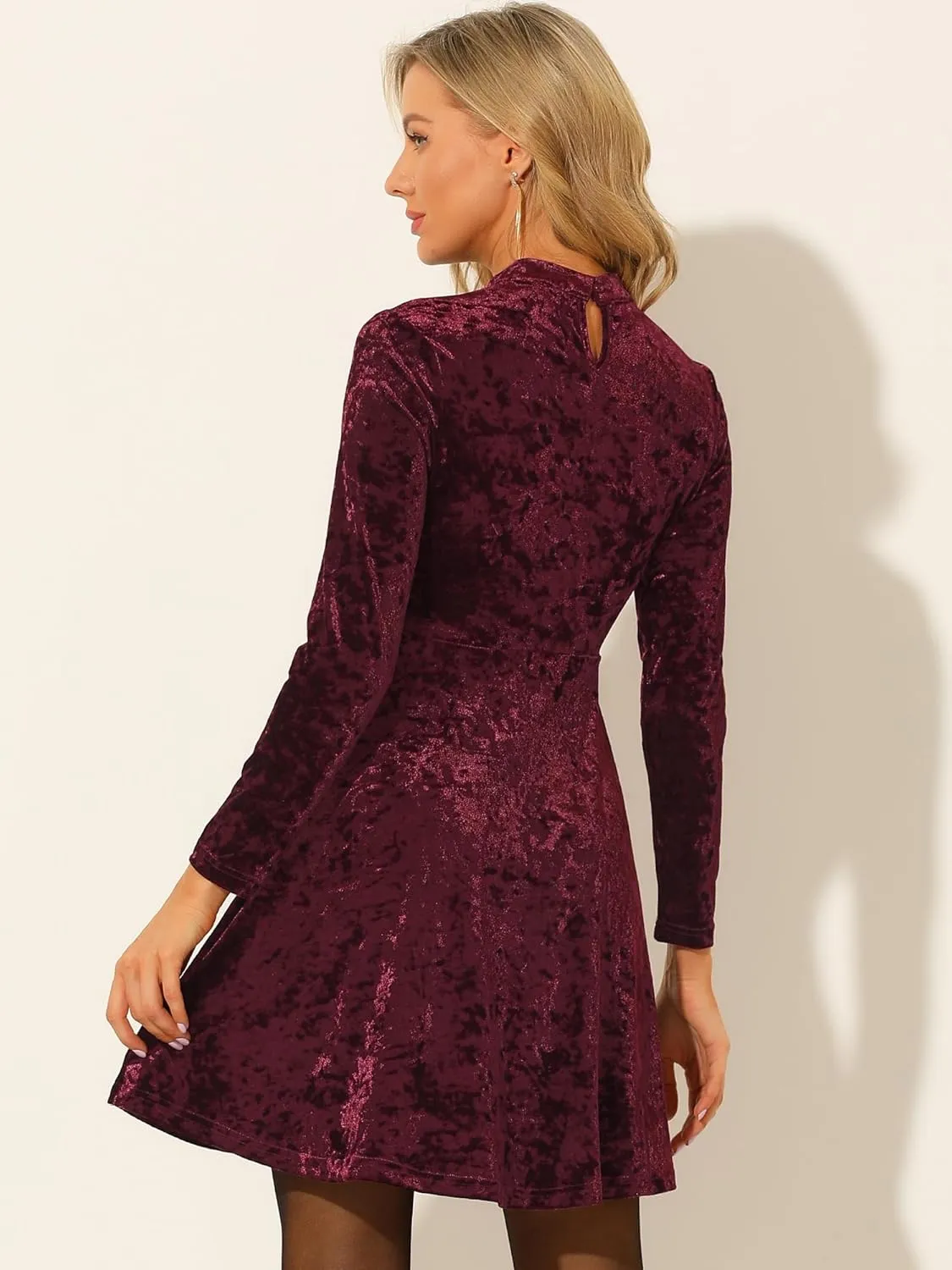 Allegra K Women's Keyhole Neck Dresses High Waist Long Sleeve Christmas Velvet Swing Mini Dress