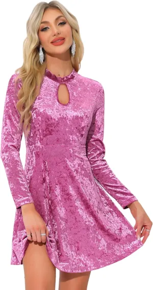 Allegra K Women's Keyhole Neck Dresses High Waist Long Sleeve Christmas Velvet Swing Mini Dress