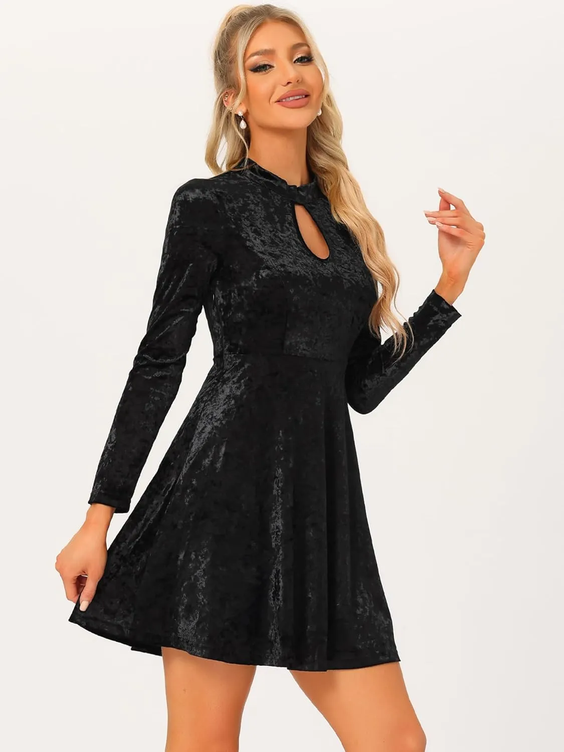 Allegra K Women's Keyhole Neck Dresses High Waist Long Sleeve Christmas Velvet Swing Mini Dress