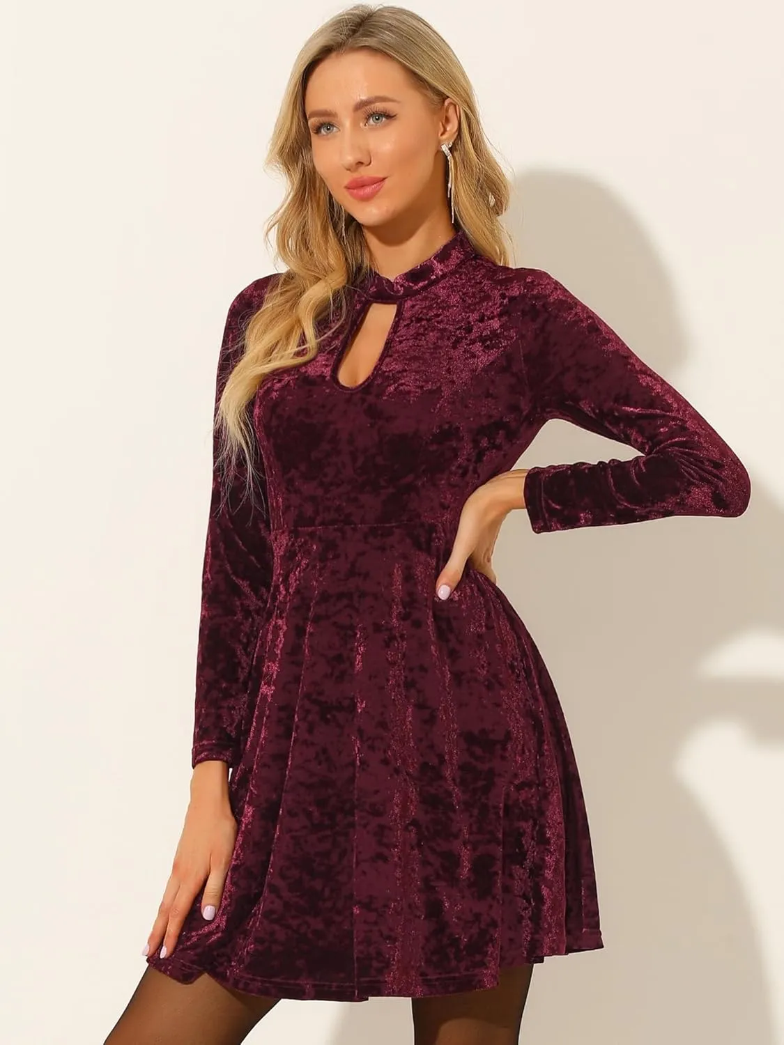 Allegra K Women's Keyhole Neck Dresses High Waist Long Sleeve Christmas Velvet Swing Mini Dress