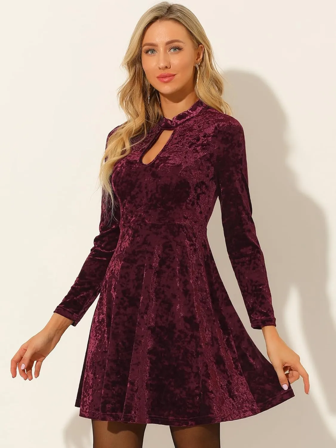 Allegra K Women's Keyhole Neck Dresses High Waist Long Sleeve Christmas Velvet Swing Mini Dress