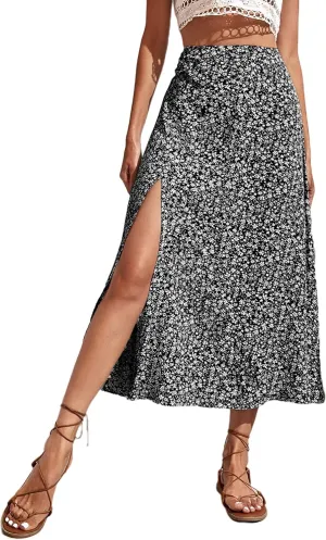 Avanova Women's Boho Leopard Print Thigh High Waist A Line Split Midi Skirt