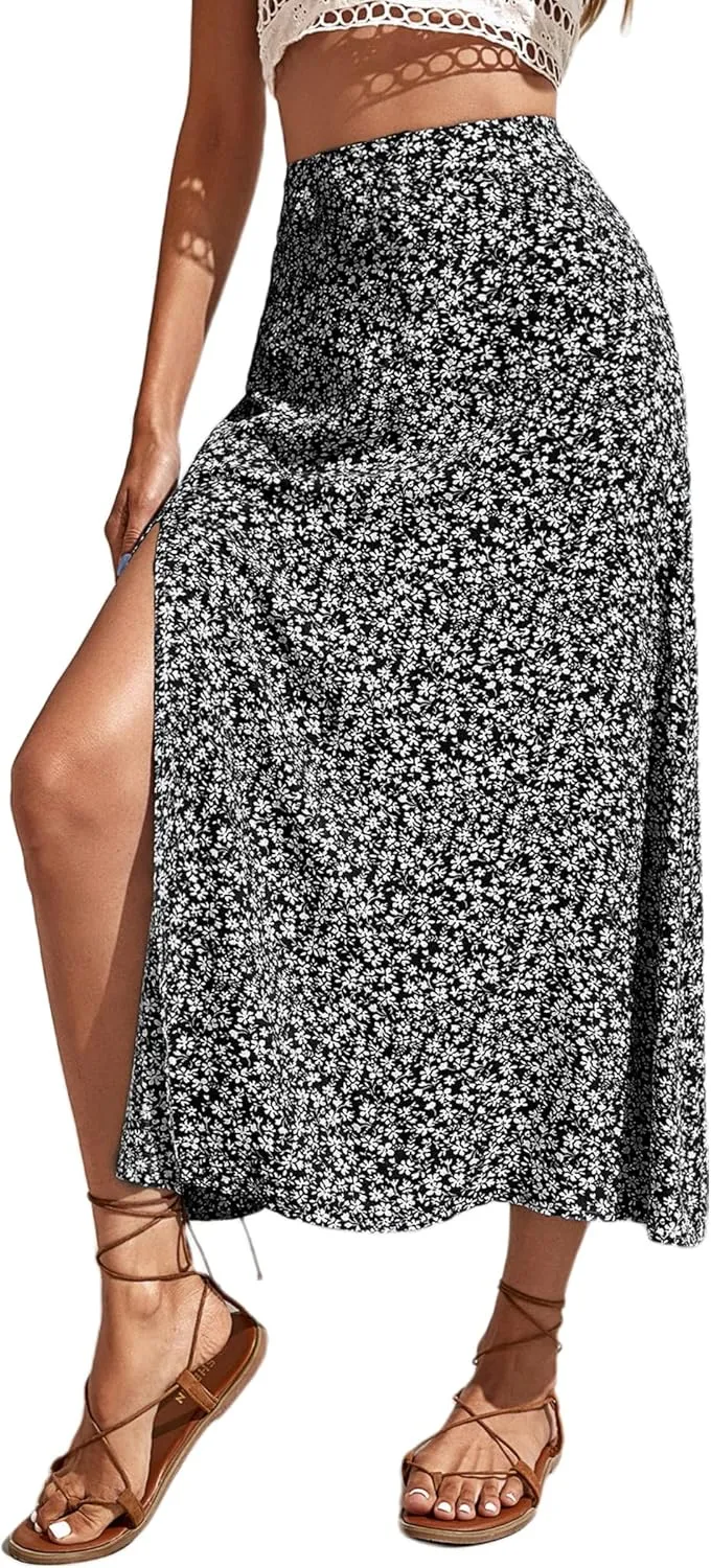 Avanova Women's Boho Leopard Print Thigh High Waist A Line Split Midi Skirt