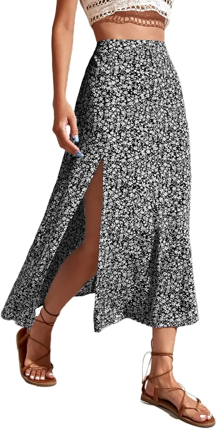 Avanova Women's Boho Leopard Print Thigh High Waist A Line Split Midi Skirt