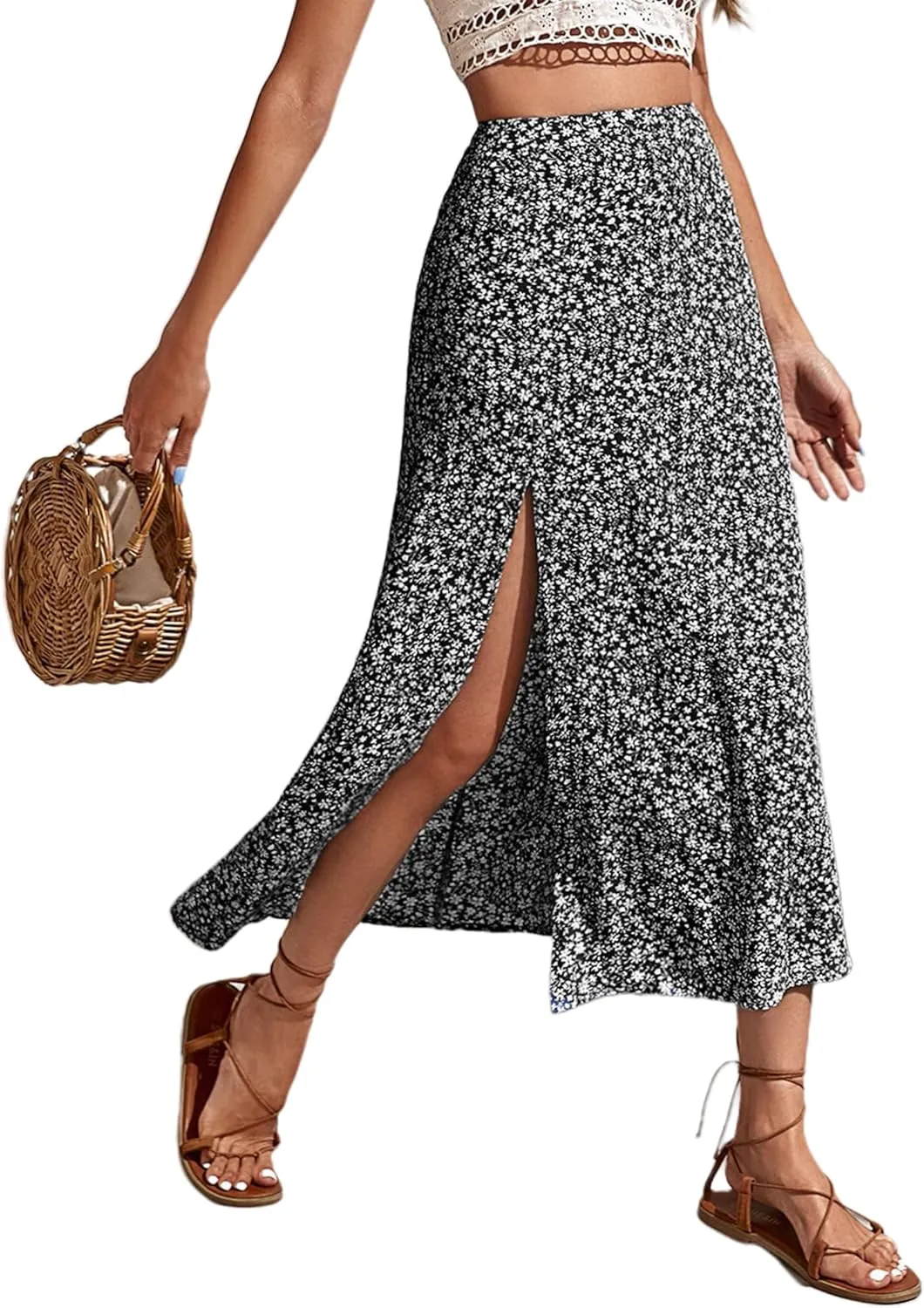 Avanova Women's Boho Leopard Print Thigh High Waist A Line Split Midi Skirt