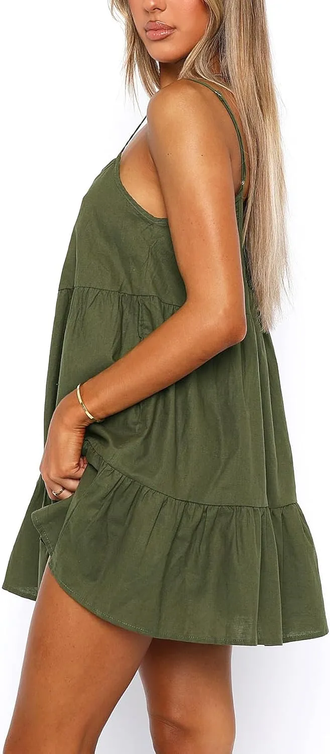 Babydoll Dress for Women Spaghetti Strap Swing Dress Sleeveless Short Flowy Dress Summer Loose Sundress
