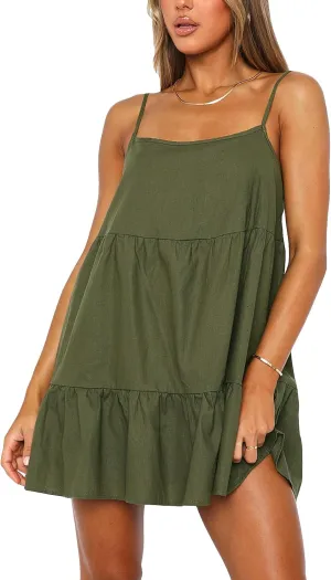 Babydoll Dress for Women Spaghetti Strap Swing Dress Sleeveless Short Flowy Dress Summer Loose Sundress