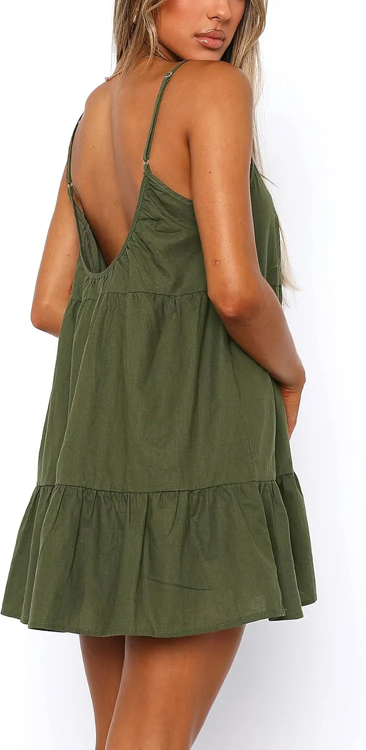 Babydoll Dress for Women Spaghetti Strap Swing Dress Sleeveless Short Flowy Dress Summer Loose Sundress