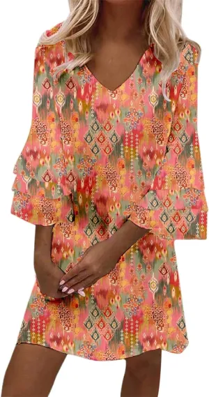 Boho Floral Mini Dress for Women | V Neck 3/4 Bell Sleeve Summer Dress, Flowy Loose Beach Dresses with Casual Chic Style