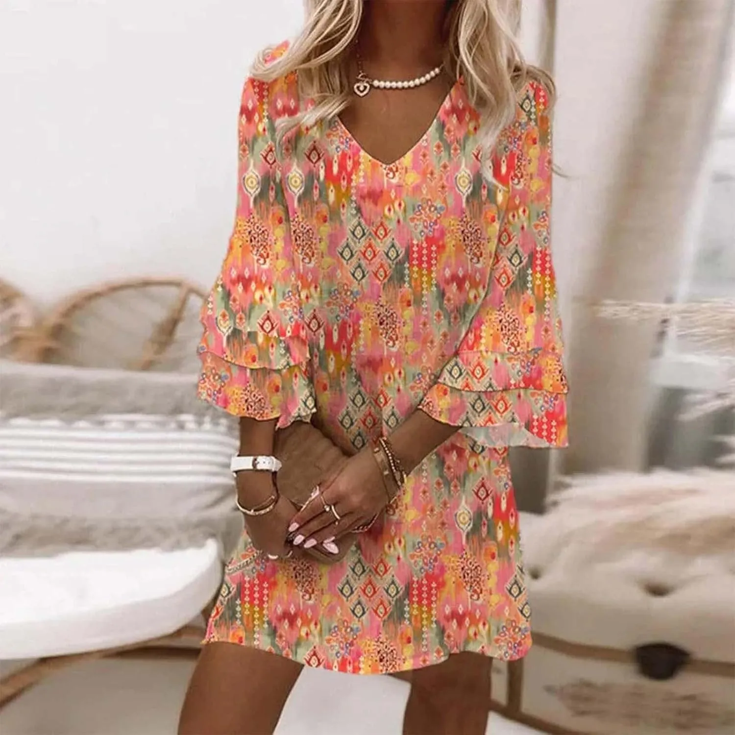 Boho Floral Mini Dress for Women | V Neck 3/4 Bell Sleeve Summer Dress, Flowy Loose Beach Dresses with Casual Chic Style