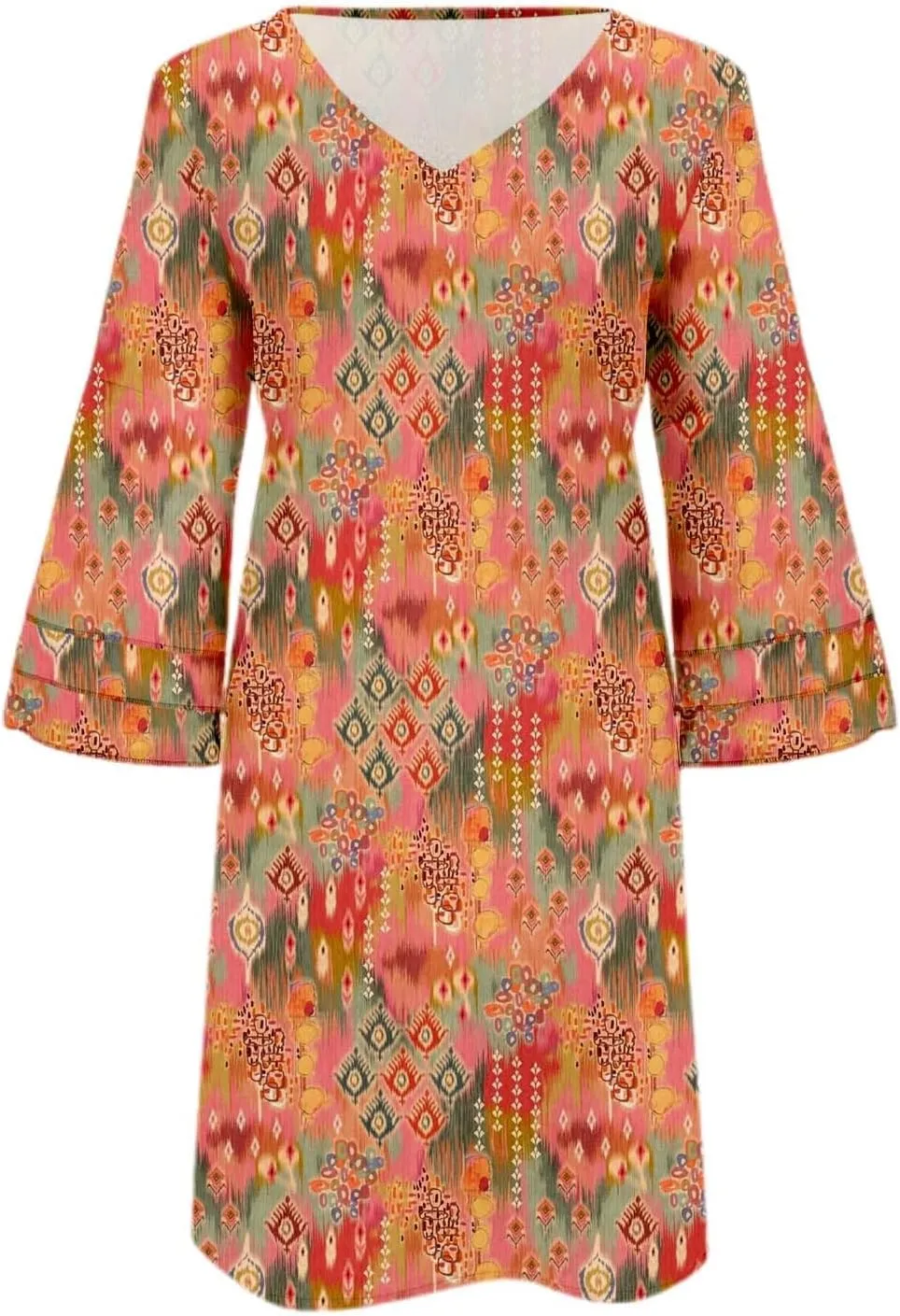Boho Floral Mini Dress for Women | V Neck 3/4 Bell Sleeve Summer Dress, Flowy Loose Beach Dresses with Casual Chic Style