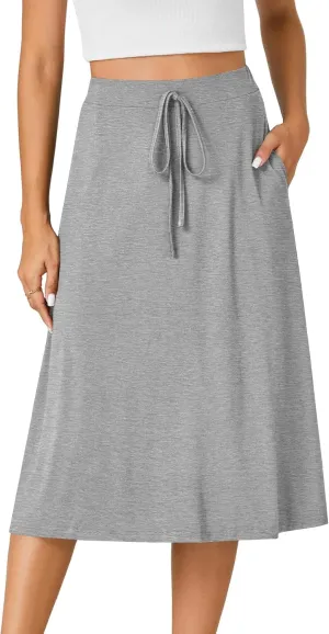 KIFOVEN Womens Casual High Waist A Line Midi Skirt Flared Drawstring Stretchy Skirt