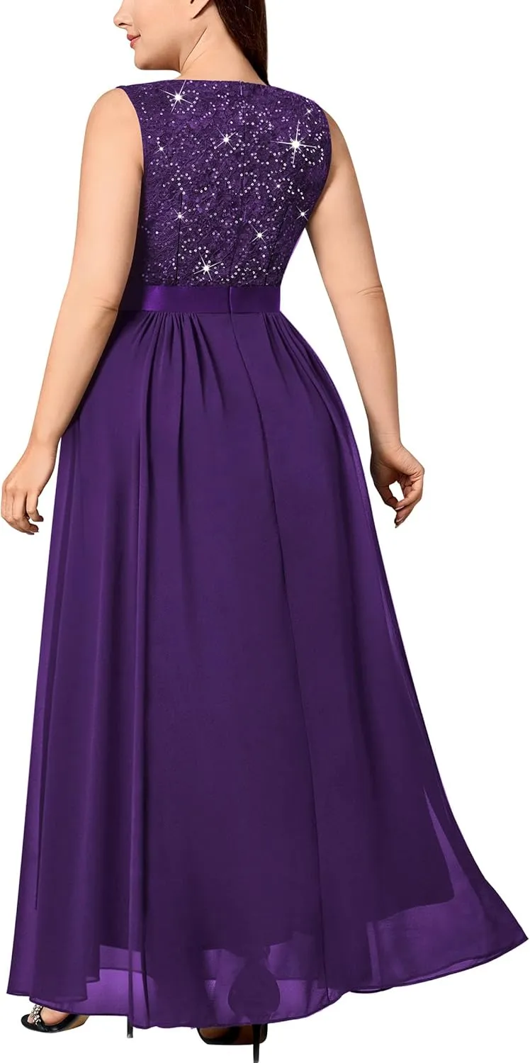 Knitee Women's Plus Size Sequin Lace Deep V-Neck Sleeveless Slit Formal Evening Maxi Dresses