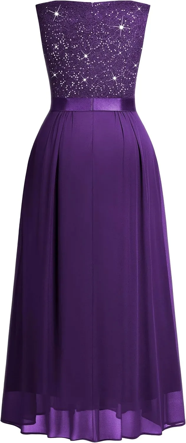Knitee Women's Plus Size Sequin Lace Deep V-Neck Sleeveless Slit Formal Evening Maxi Dresses