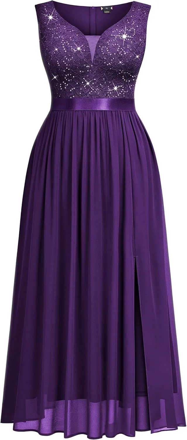 Knitee Women's Plus Size Sequin Lace Deep V-Neck Sleeveless Slit Formal Evening Maxi Dresses