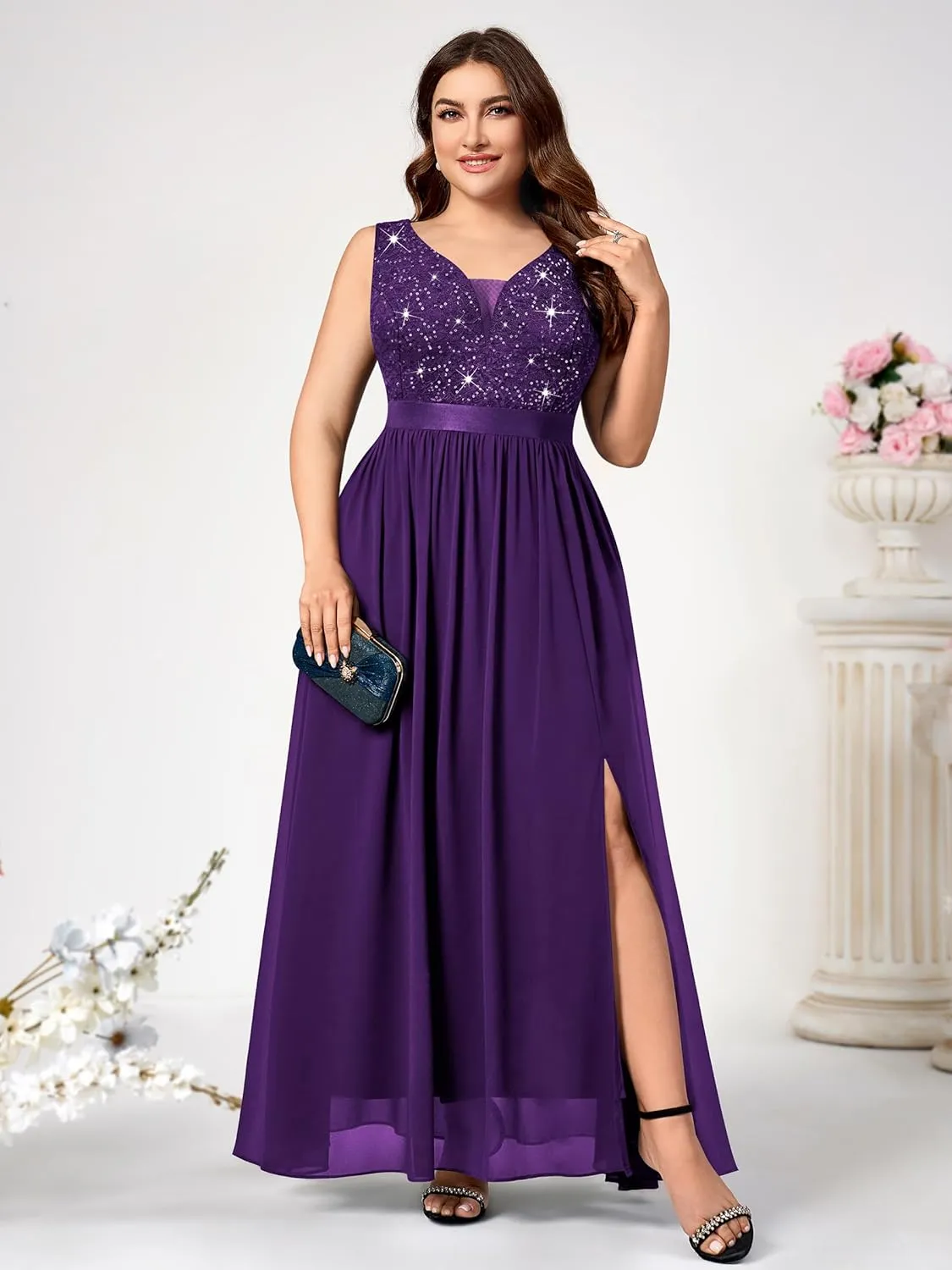 Knitee Women's Plus Size Sequin Lace Deep V-Neck Sleeveless Slit Formal Evening Maxi Dresses