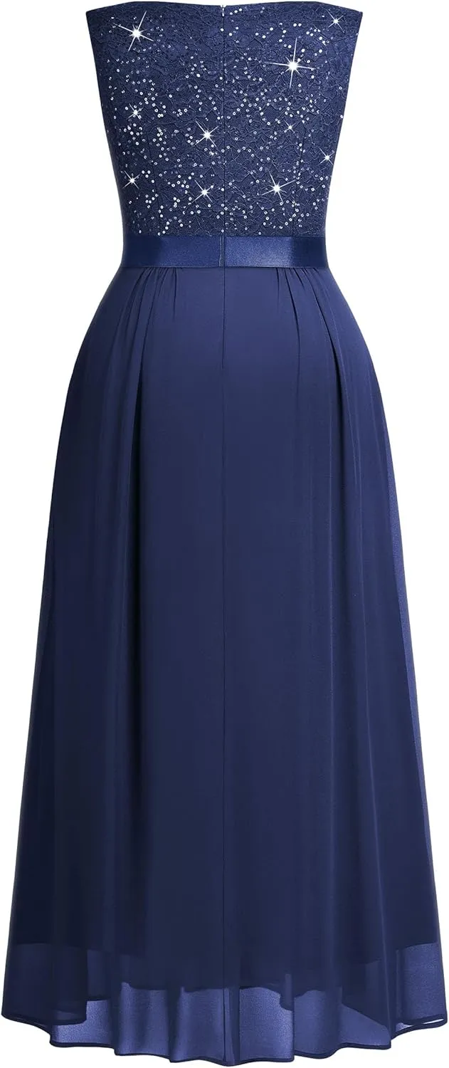 Knitee Women's Plus Size Sequin Lace Deep V-Neck Sleeveless Slit Formal Evening Maxi Dresses