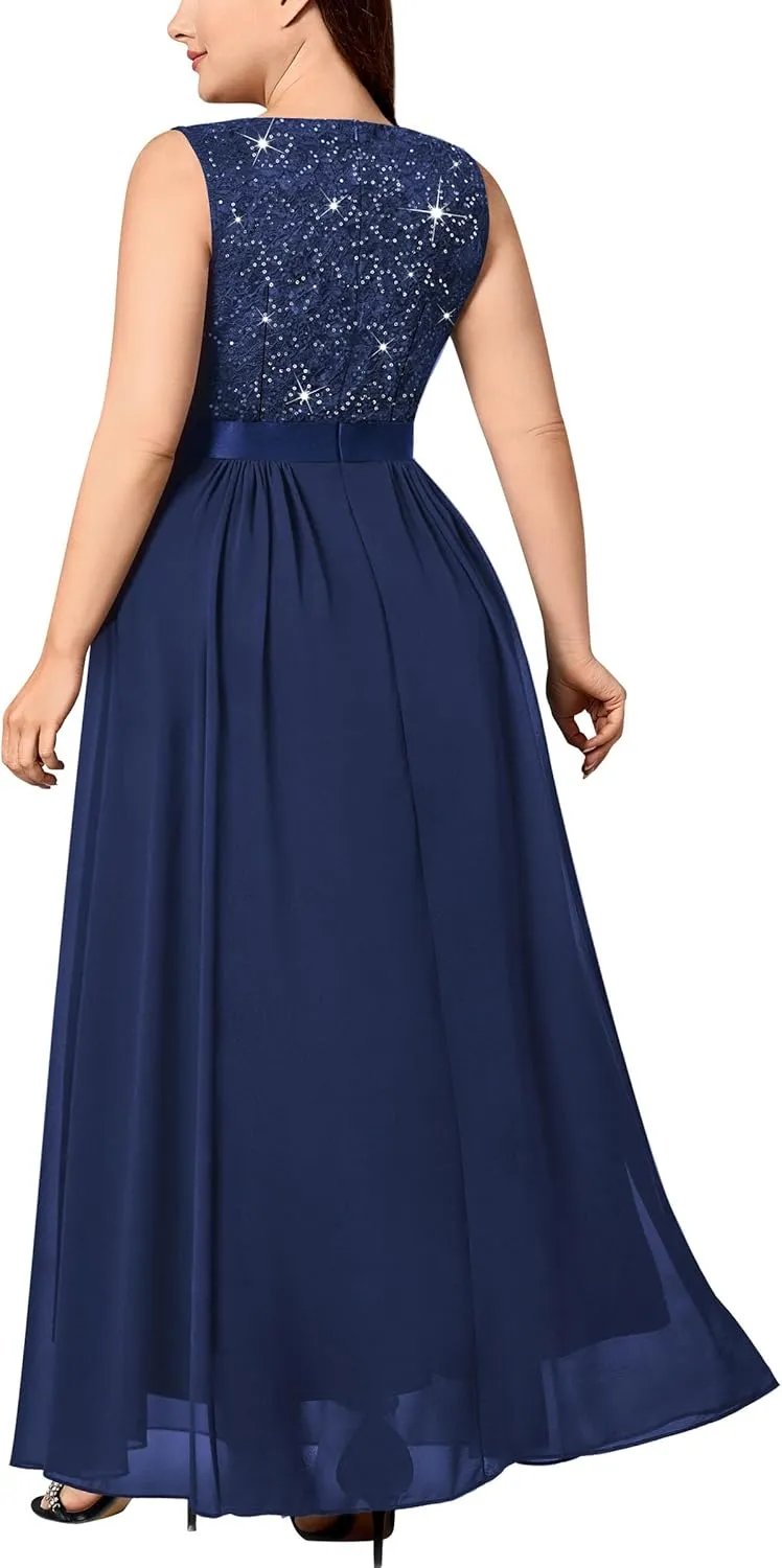 Knitee Women's Plus Size Sequin Lace Deep V-Neck Sleeveless Slit Formal Evening Maxi Dresses