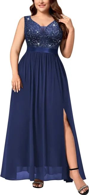 Knitee Women's Plus Size Sequin Lace Deep V-Neck Sleeveless Slit Formal Evening Maxi Dresses