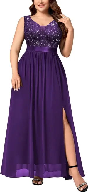 Knitee Women's Plus Size Sequin Lace Deep V-Neck Sleeveless Slit Formal Evening Maxi Dresses