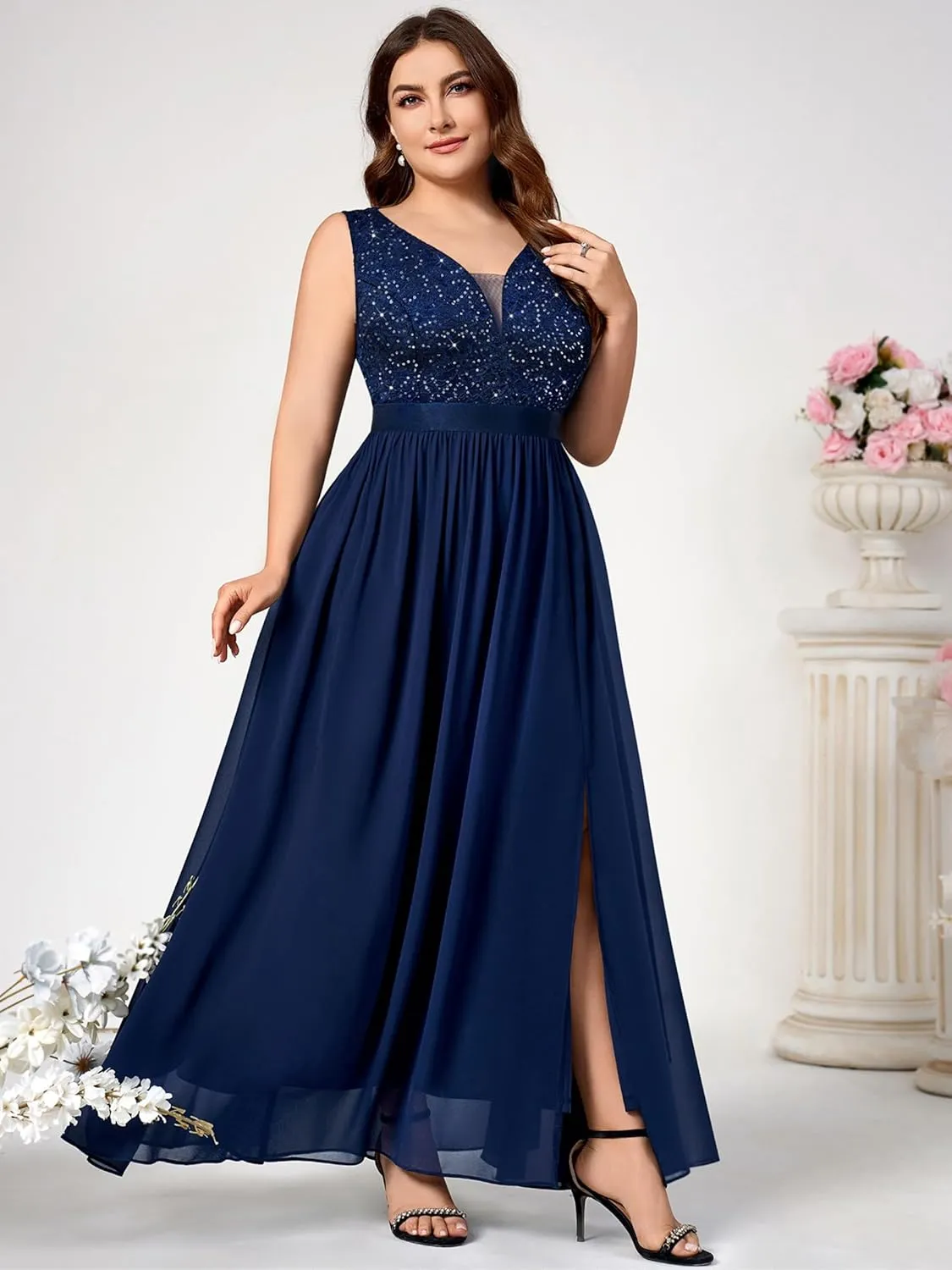 Knitee Women's Plus Size Sequin Lace Deep V-Neck Sleeveless Slit Formal Evening Maxi Dresses