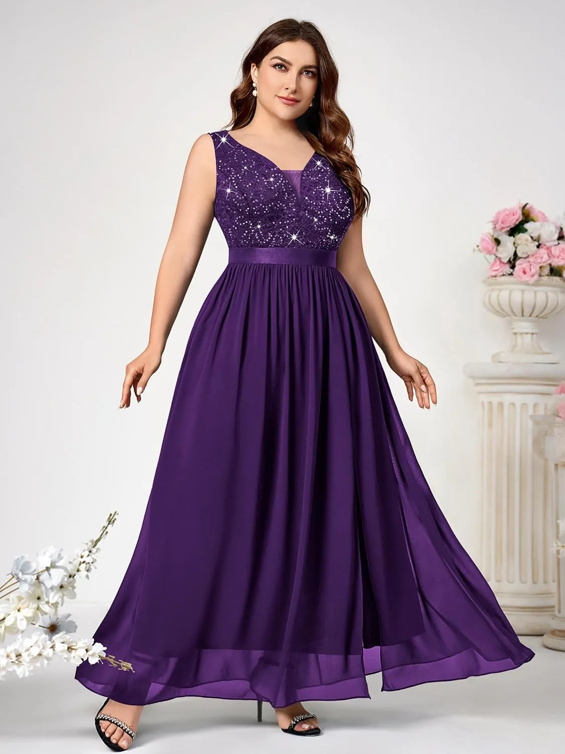 Knitee Women's Plus Size Sequin Lace Deep V-Neck Sleeveless Slit Formal Evening Maxi Dresses