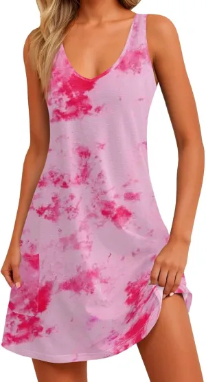 Mini Dresses for Women V Neck Floral Print Tank Dresses Sleeveless Sundresses Swing Beach Dress Beach Cover Ups