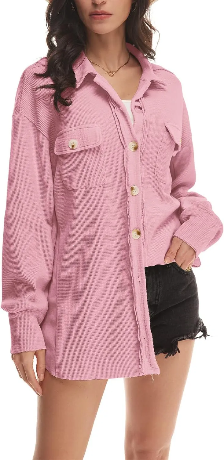 Nirovien Womens Waffle Knit Shacket Oversized Button Down Shirt Jacket Lightweight Spring Outfits Clothes