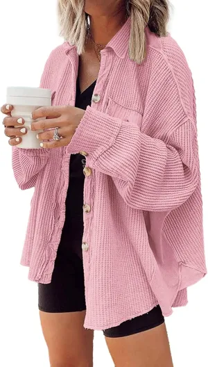 Nirovien Womens Waffle Knit Shacket Oversized Button Down Shirt Jacket Lightweight Spring Outfits Clothes