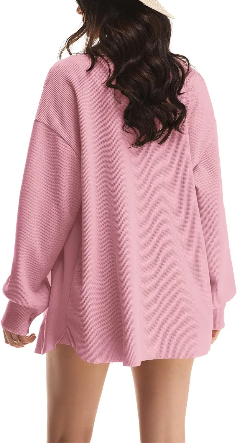 Nirovien Womens Waffle Knit Shacket Oversized Button Down Shirt Jacket Lightweight Spring Outfits Clothes