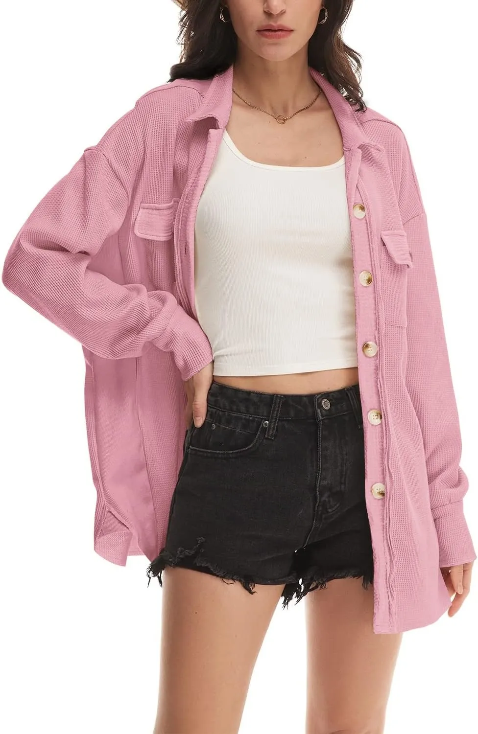 Nirovien Womens Waffle Knit Shacket Oversized Button Down Shirt Jacket Lightweight Spring Outfits Clothes