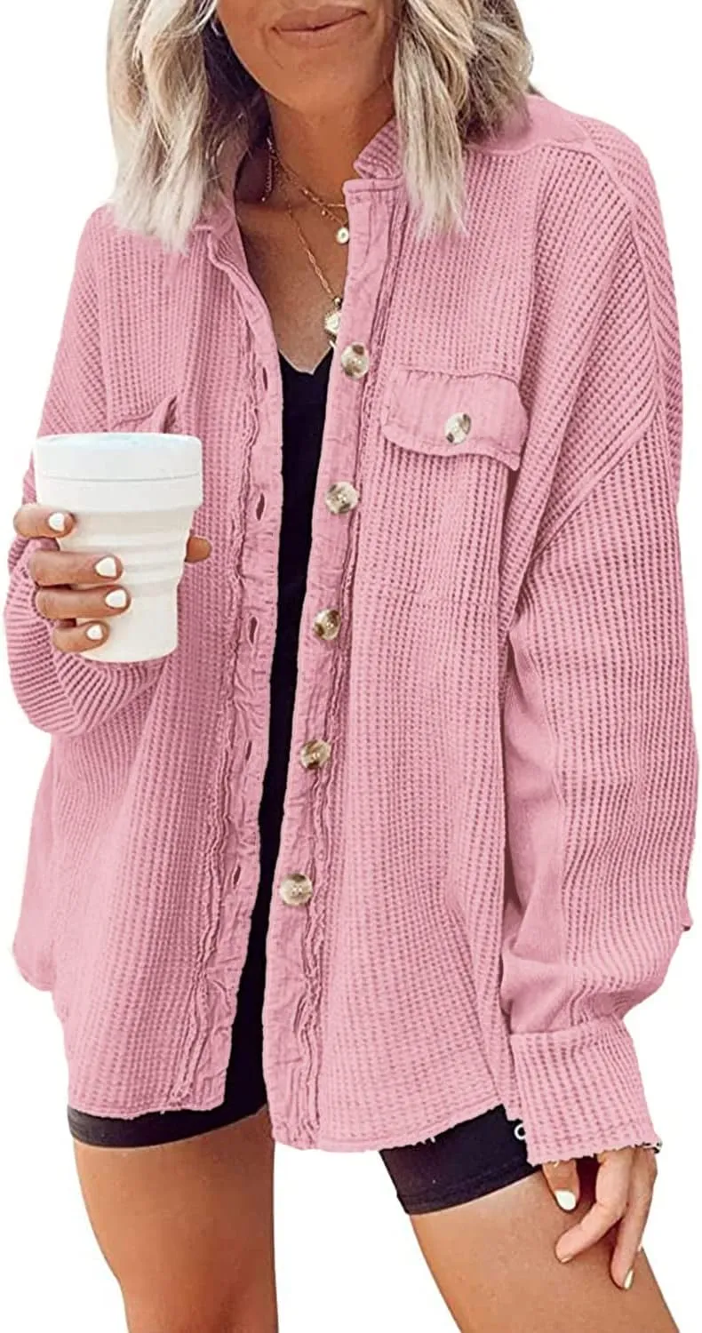 Nirovien Womens Waffle Knit Shacket Oversized Button Down Shirt Jacket Lightweight Spring Outfits Clothes