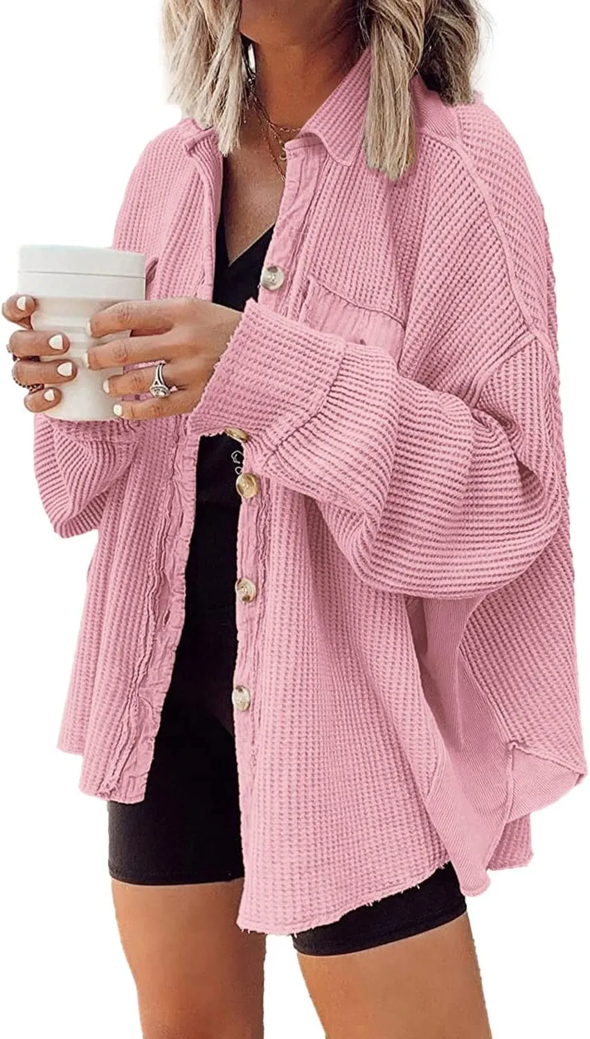 Nirovien Womens Waffle Knit Shacket Oversized Button Down Shirt Jacket Lightweight Spring Outfits Clothes