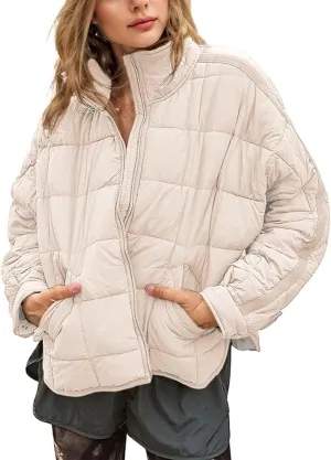 Omoone Women's Quilted Puffer Jacket Zip Up Oversized Lightweight Padded Down Coat Outerwear