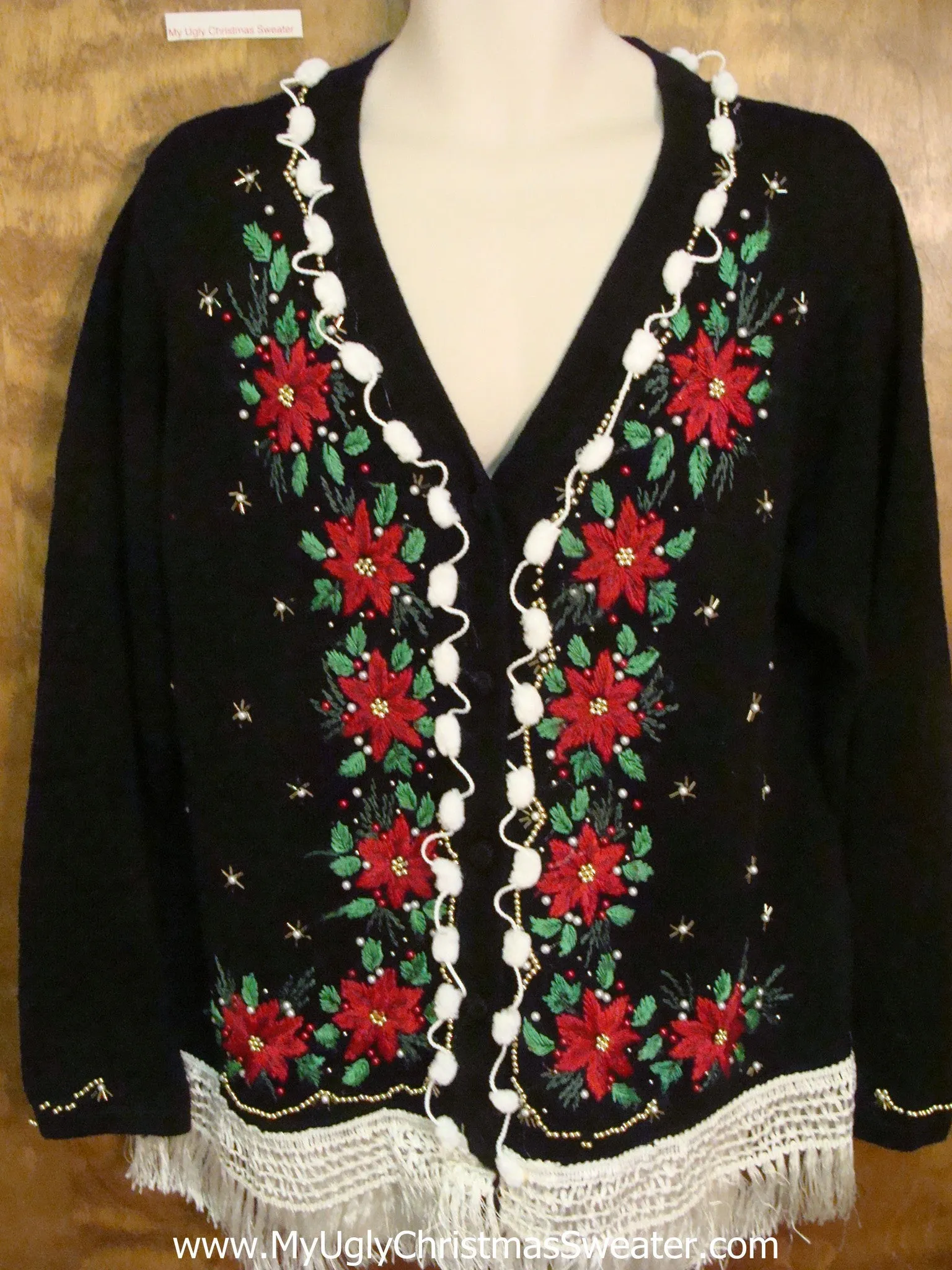Poinsettias and Fringe Cheap Ugly Christmas Sweater