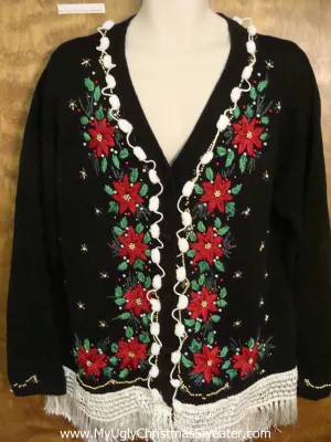 Poinsettias and Fringe Cheap Ugly Christmas Sweater