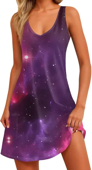 Summer Dresses for Women Beach Vacation Dress with Pocket V Neck 2025 Sundress Printed Sleeveless Swimsuit Coverup